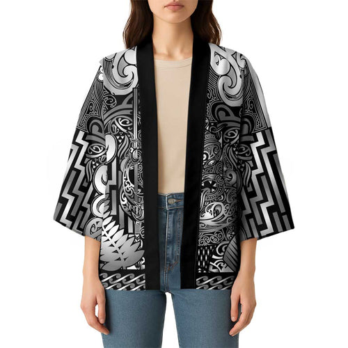 Custom New Zealand Taiaha Maori Kimono Kiwikiwi Minimalist Silver Fern Tukutuku Motif