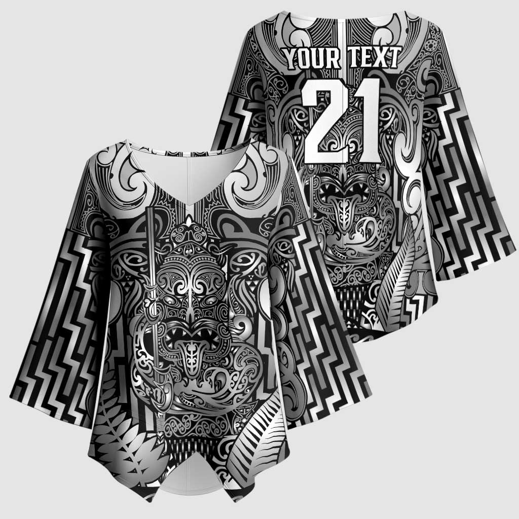 Custom New Zealand Taiaha Maori Kimono Sleeve Blouse Kiwikiwi Minimalist Silver Fern Tukutuku Motif