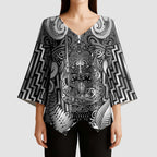 Custom New Zealand Taiaha Maori Kimono Sleeve Blouse Kiwikiwi Minimalist Silver Fern Tukutuku Motif