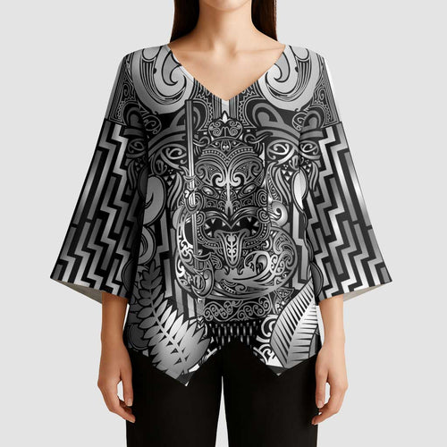 Custom New Zealand Taiaha Maori Kimono Sleeve Blouse Kiwikiwi Minimalist Silver Fern Tukutuku Motif