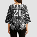 Custom New Zealand Taiaha Maori Kimono Sleeve Blouse Kiwikiwi Minimalist Silver Fern Tukutuku Motif