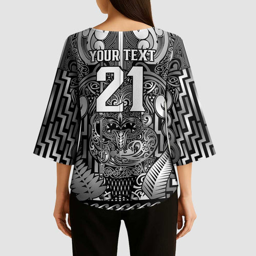 Custom New Zealand Taiaha Maori Kimono Sleeve Blouse Kiwikiwi Minimalist Silver Fern Tukutuku Motif