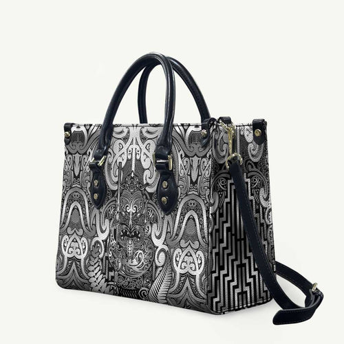 New Zealand Taiaha Maori Leather Bag Kiwikiwi Minimalist Silver Fern Tukutuku Motif
