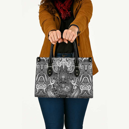 New Zealand Taiaha Maori Leather Bag Kiwikiwi Minimalist Silver Fern Tukutuku Motif