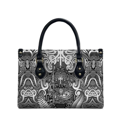 New Zealand Taiaha Maori Leather Bag Kiwikiwi Minimalist Silver Fern Tukutuku Motif