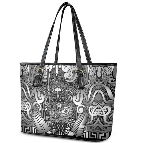 New Zealand Taiaha Maori Leather Tote Bag Kiwikiwi Minimalist Silver Fern Tukutuku Motif
