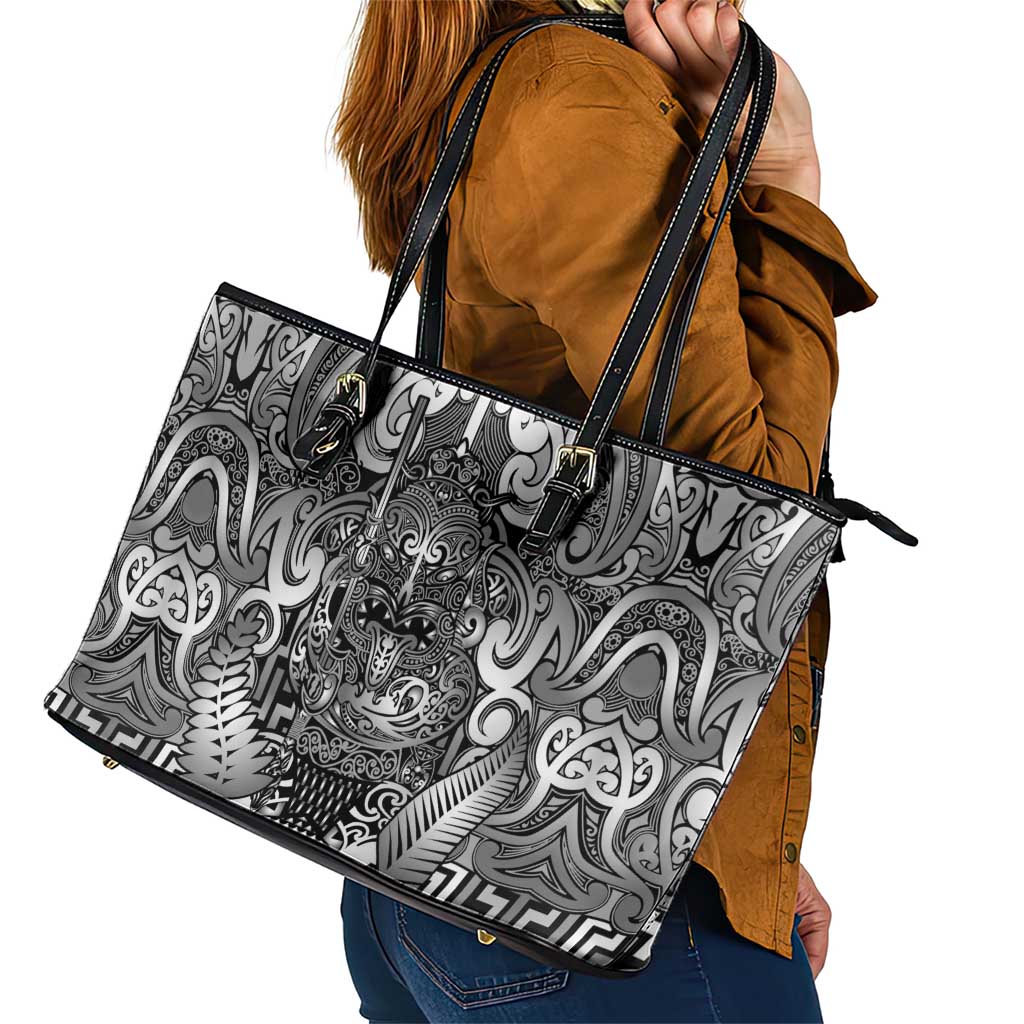 New Zealand Taiaha Maori Leather Tote Bag Kiwikiwi Minimalist Silver Fern Tukutuku Motif