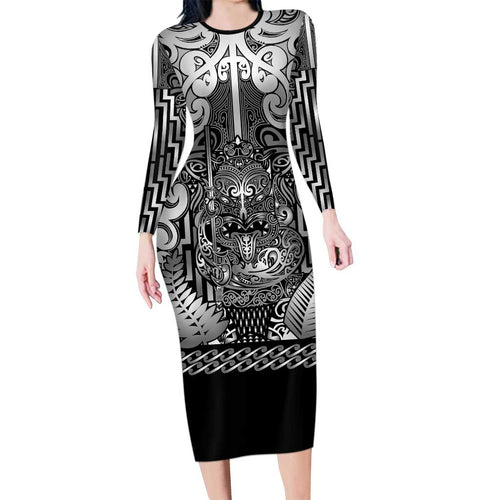 Custom New Zealand Taiaha Maori Long Sleeve Bodycon Dress Kiwikiwi Minimalist Silver Fern Tukutuku Motif