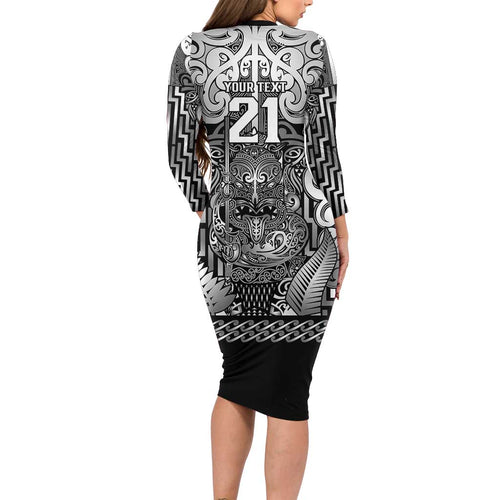 Custom New Zealand Taiaha Maori Long Sleeve Bodycon Dress Kiwikiwi Minimalist Silver Fern Tukutuku Motif