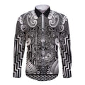 Custom New Zealand Taiaha Maori Long Sleeve Button Shirt Kiwikiwi Minimalist Silver Fern Tukutuku Motif