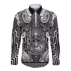 Custom New Zealand Taiaha Maori Long Sleeve Button Shirt Kiwikiwi Minimalist Silver Fern Tukutuku Motif