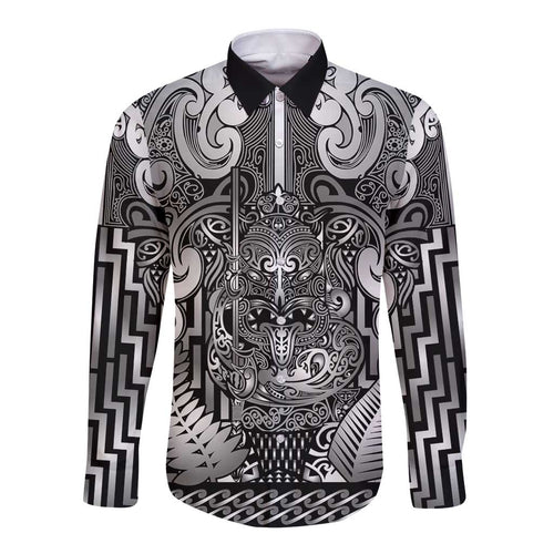 Custom New Zealand Taiaha Maori Long Sleeve Button Shirt Kiwikiwi Minimalist Silver Fern Tukutuku Motif