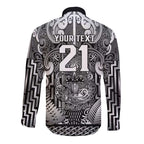 Custom New Zealand Taiaha Maori Long Sleeve Button Shirt Kiwikiwi Minimalist Silver Fern Tukutuku Motif