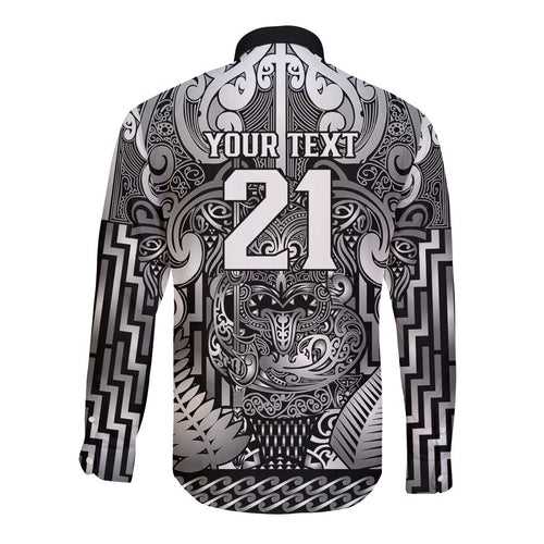 Custom New Zealand Taiaha Maori Long Sleeve Button Shirt Kiwikiwi Minimalist Silver Fern Tukutuku Motif