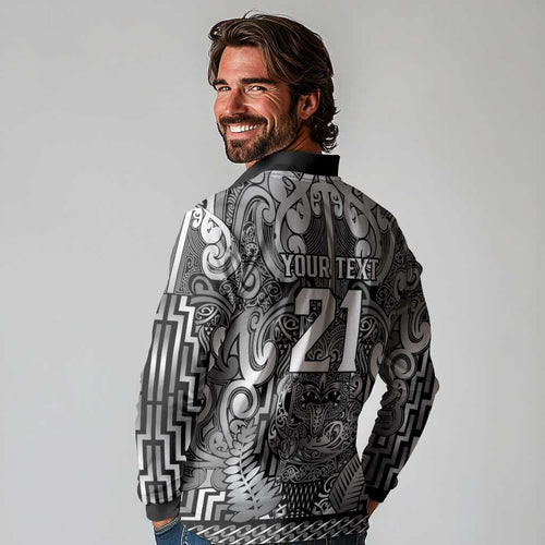 Custom New Zealand Taiaha Maori Long Sleeve Polo Shirt Kiwikiwi Minimalist Silver Fern Tukutuku Motif