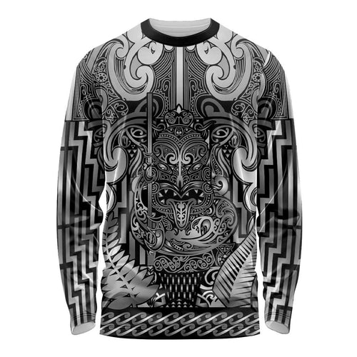 Custom New Zealand Taiaha Maori Long Sleeve Shirt Kiwikiwi Minimalist Silver Fern Tukutuku Motif
