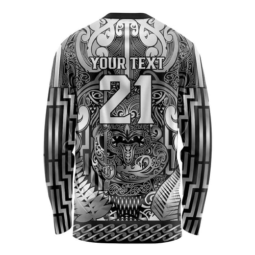 Custom New Zealand Taiaha Maori Long Sleeve Shirt Kiwikiwi Minimalist Silver Fern Tukutuku Motif