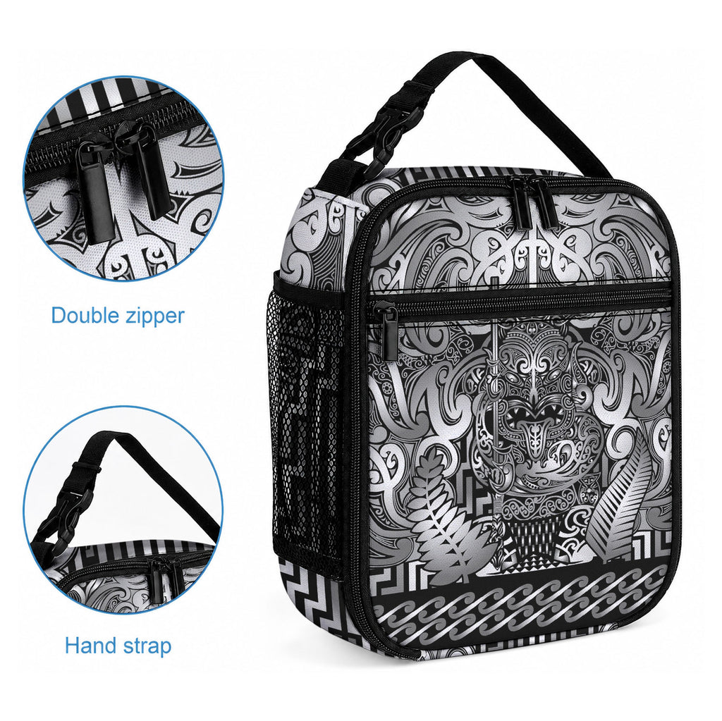 New Zealand Taiaha Maori Lunch Bag Kiwikiwi Minimalist Silver Fern Tukutuku Motif