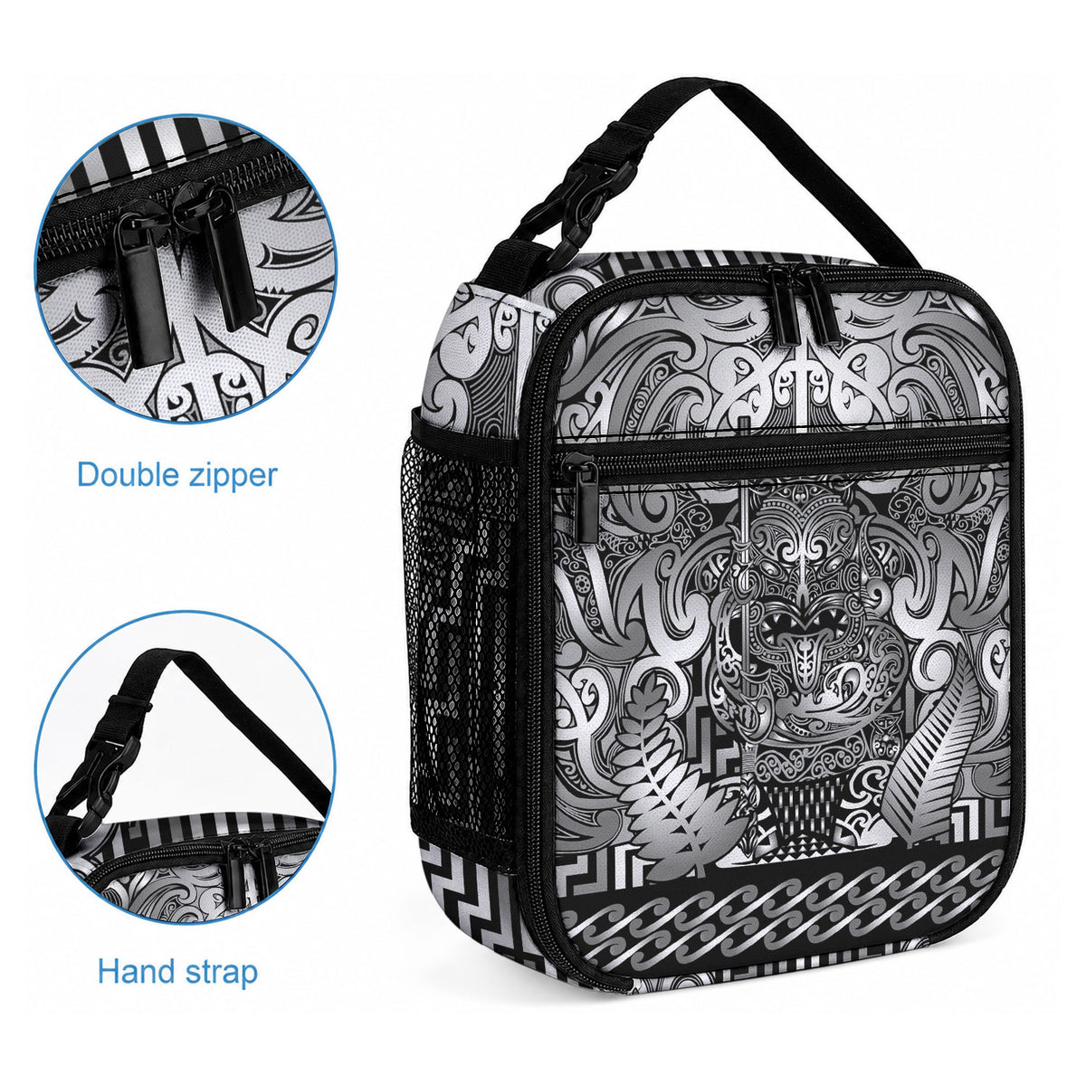 New Zealand Taiaha Maori Lunch Bag Kiwikiwi Minimalist Silver Fern Tukutuku Motif