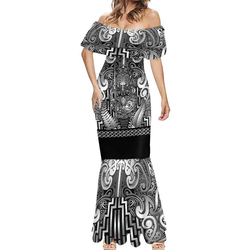 Custom New Zealand Taiaha Maori Mermaid Dress Kiwikiwi Minimalist Silver Fern Tukutuku Motif