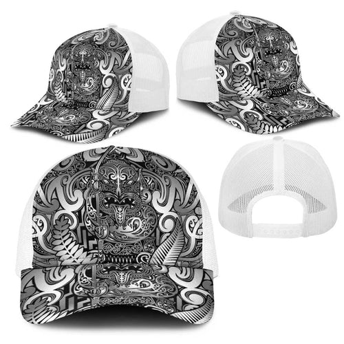 New Zealand Taiaha Maori Mesh Trucker Cap Kiwikiwi Minimalist Silver Fern Tukutuku Motif
