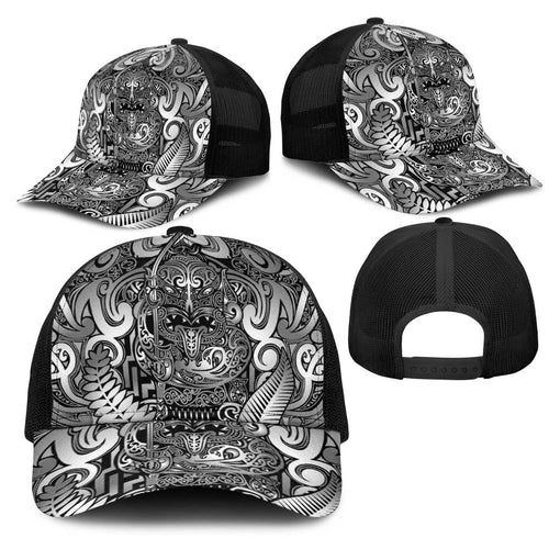 New Zealand Taiaha Maori Mesh Trucker Cap Kiwikiwi Minimalist Silver Fern Tukutuku Motif