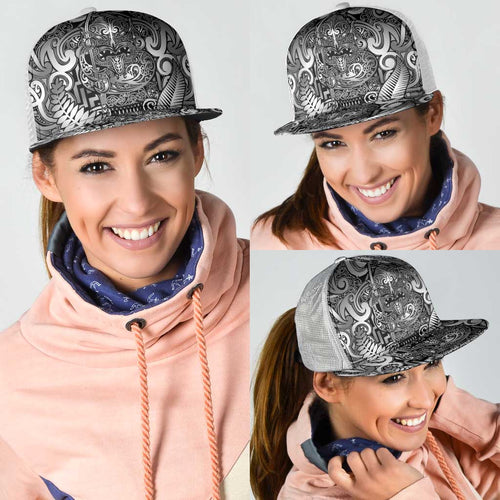 New Zealand Taiaha Maori Mesh Trucker Cap Kiwikiwi Minimalist Silver Fern Tukutuku Motif
