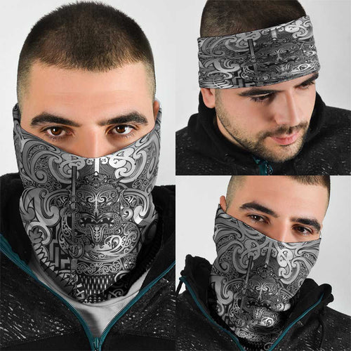 New Zealand Taiaha Maori Neck Gaiter Kiwikiwi Minimalist Silver Fern Tukutuku Motif