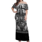 Custom New Zealand Taiaha Maori Off Shoulder Maxi Dress Kiwikiwi Minimalist Silver Fern Tukutuku Motif