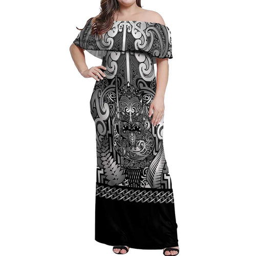 Custom New Zealand Taiaha Maori Off Shoulder Maxi Dress Kiwikiwi Minimalist Silver Fern Tukutuku Motif