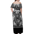 Custom New Zealand Taiaha Maori Off Shoulder Maxi Dress Kiwikiwi Minimalist Silver Fern Tukutuku Motif