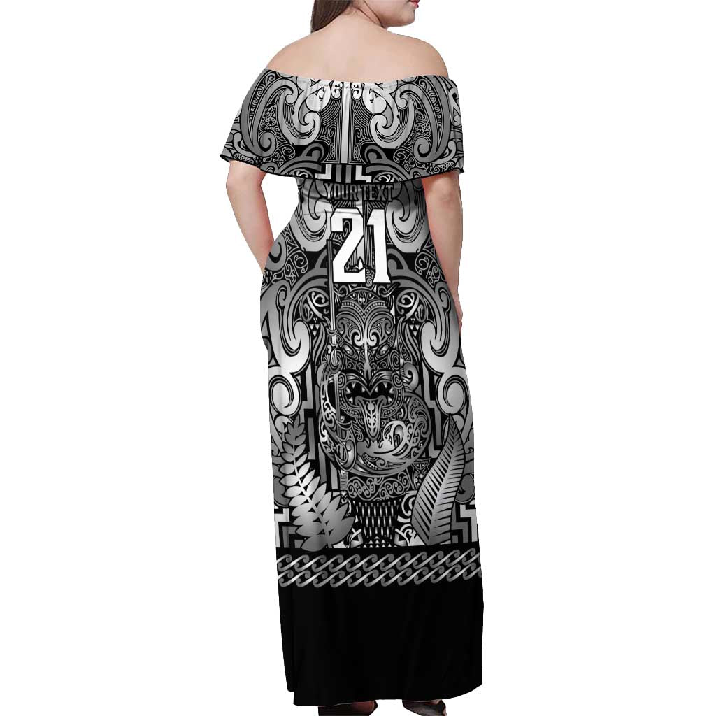 Custom New Zealand Taiaha Maori Off Shoulder Maxi Dress Kiwikiwi Minimalist Silver Fern Tukutuku Motif