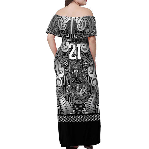 Custom New Zealand Taiaha Maori Off Shoulder Maxi Dress Kiwikiwi Minimalist Silver Fern Tukutuku Motif