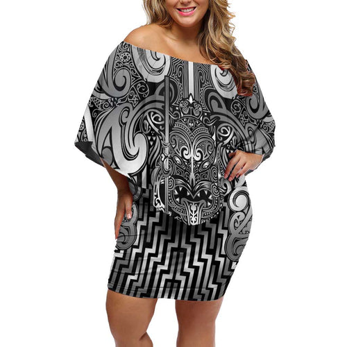 Custom New Zealand Taiaha Maori Off Shoulder Short Dress Kiwikiwi Minimalist Silver Fern Tukutuku Motif