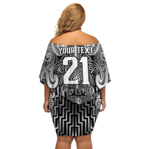 Custom New Zealand Taiaha Maori Off Shoulder Short Dress Kiwikiwi Minimalist Silver Fern Tukutuku Motif
