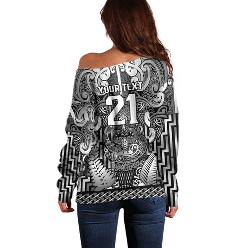 Custom New Zealand Taiaha Maori Off Shoulder Sweater Kiwikiwi Minimalist Silver Fern Tukutuku Motif