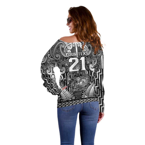 Custom New Zealand Taiaha Maori Off Shoulder Sweater Kiwikiwi Minimalist Silver Fern Tukutuku Motif