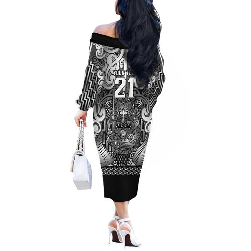 Custom New Zealand Taiaha Maori Off The Shoulder Long Sleeve Dress Kiwikiwi Minimalist Silver Fern Tukutuku Motif