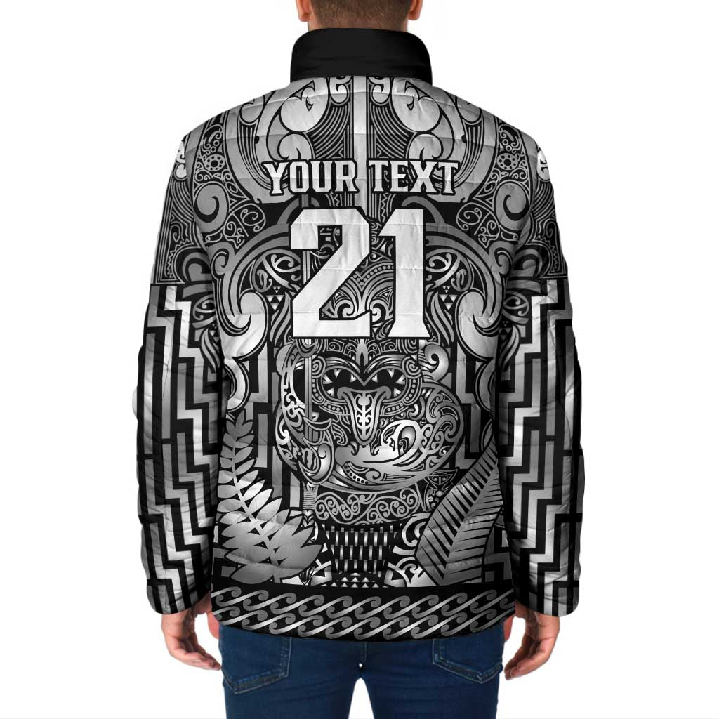 Custom New Zealand Taiaha Maori Padded Jacket Kiwikiwi Minimalist Silver Fern Tukutuku Motif