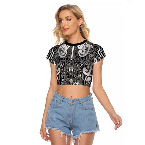 Custom New Zealand Taiaha Maori Raglan Cropped T Shirt Kiwikiwi Minimalist Silver Fern Tukutuku Motif