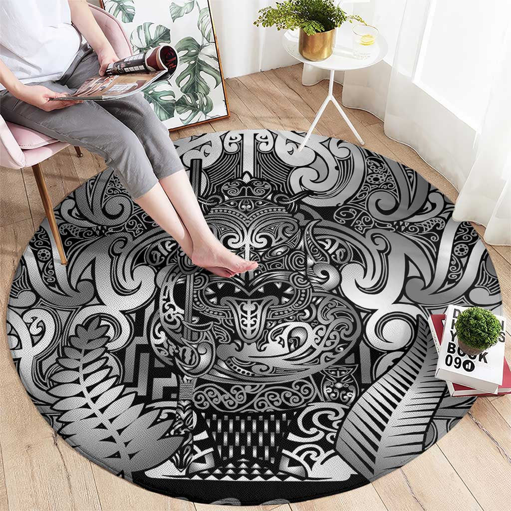 New Zealand Taiaha Maori Round Carpet Kiwikiwi Minimalist Silver Fern Tukutuku Motif