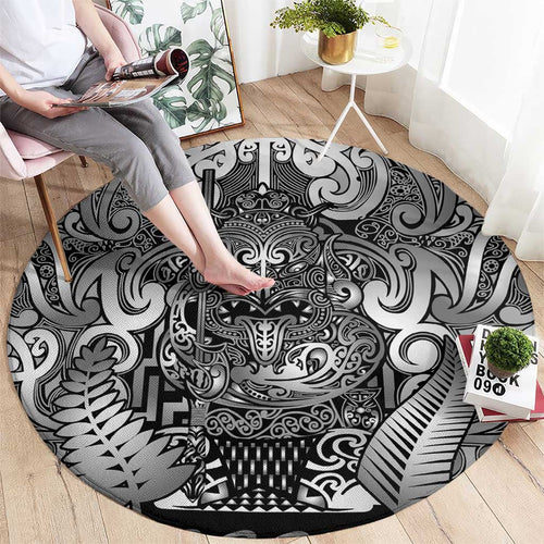 New Zealand Taiaha Maori Round Carpet Kiwikiwi Minimalist Silver Fern Tukutuku Motif