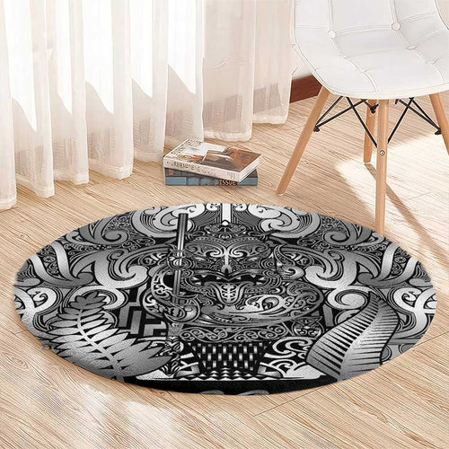 New Zealand Taiaha Maori Round Carpet Kiwikiwi Minimalist Silver Fern Tukutuku Motif