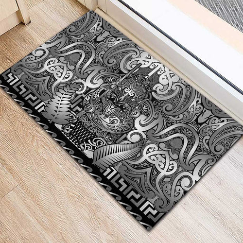 New Zealand Taiaha Maori Rubber Doormat Kiwikiwi Minimalist Silver Fern Tukutuku Motif