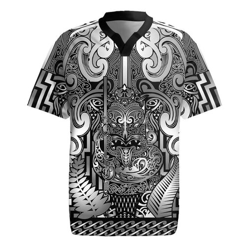Custom New Zealand Taiaha Maori Rugby Jersey Kiwikiwi Minimalist Silver Fern Tukutuku Motif