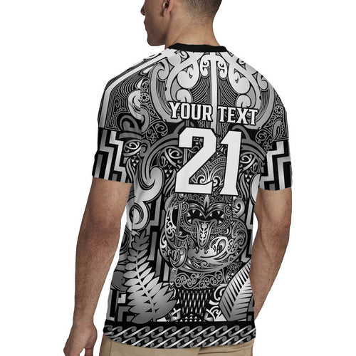 Custom New Zealand Taiaha Maori Rugby Jersey Kiwikiwi Minimalist Silver Fern Tukutuku Motif