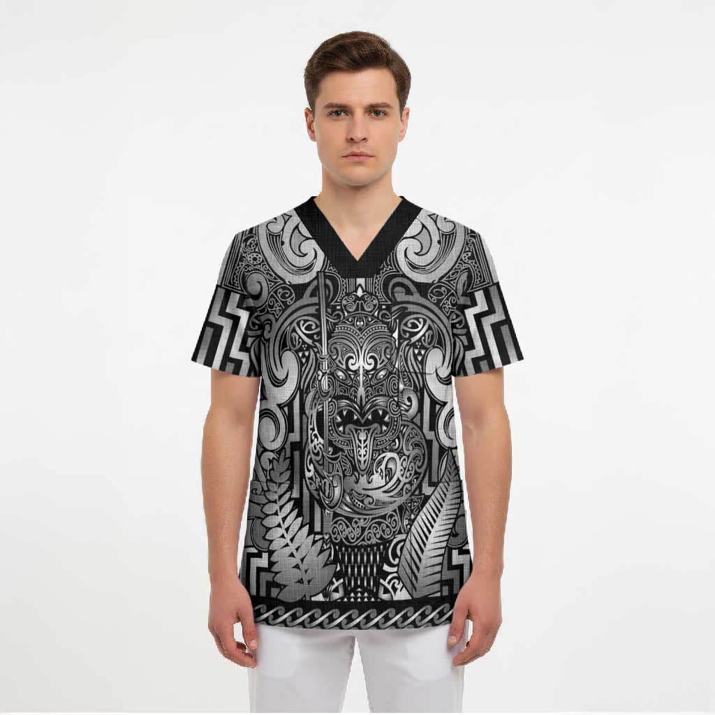 Custom New Zealand Taiaha Maori Scrub Top Kiwikiwi Minimalist Silver Fern Tukutuku Motif