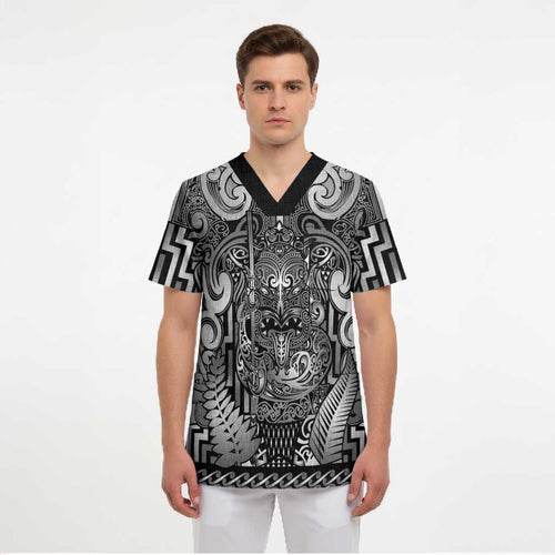 Custom New Zealand Taiaha Maori Scrub Top Kiwikiwi Minimalist Silver Fern Tukutuku Motif