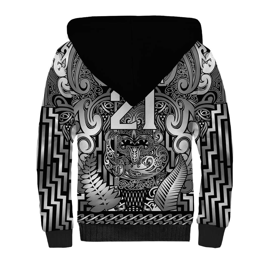 Custom New Zealand Taiaha Maori Sherpa Hoodie Kiwikiwi Minimalist Silver Fern Tukutuku Motif