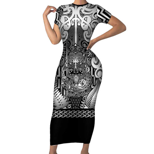 Custom New Zealand Taiaha Maori Short Sleeve Bodycon Dress Kiwikiwi Minimalist Silver Fern Tukutuku Motif